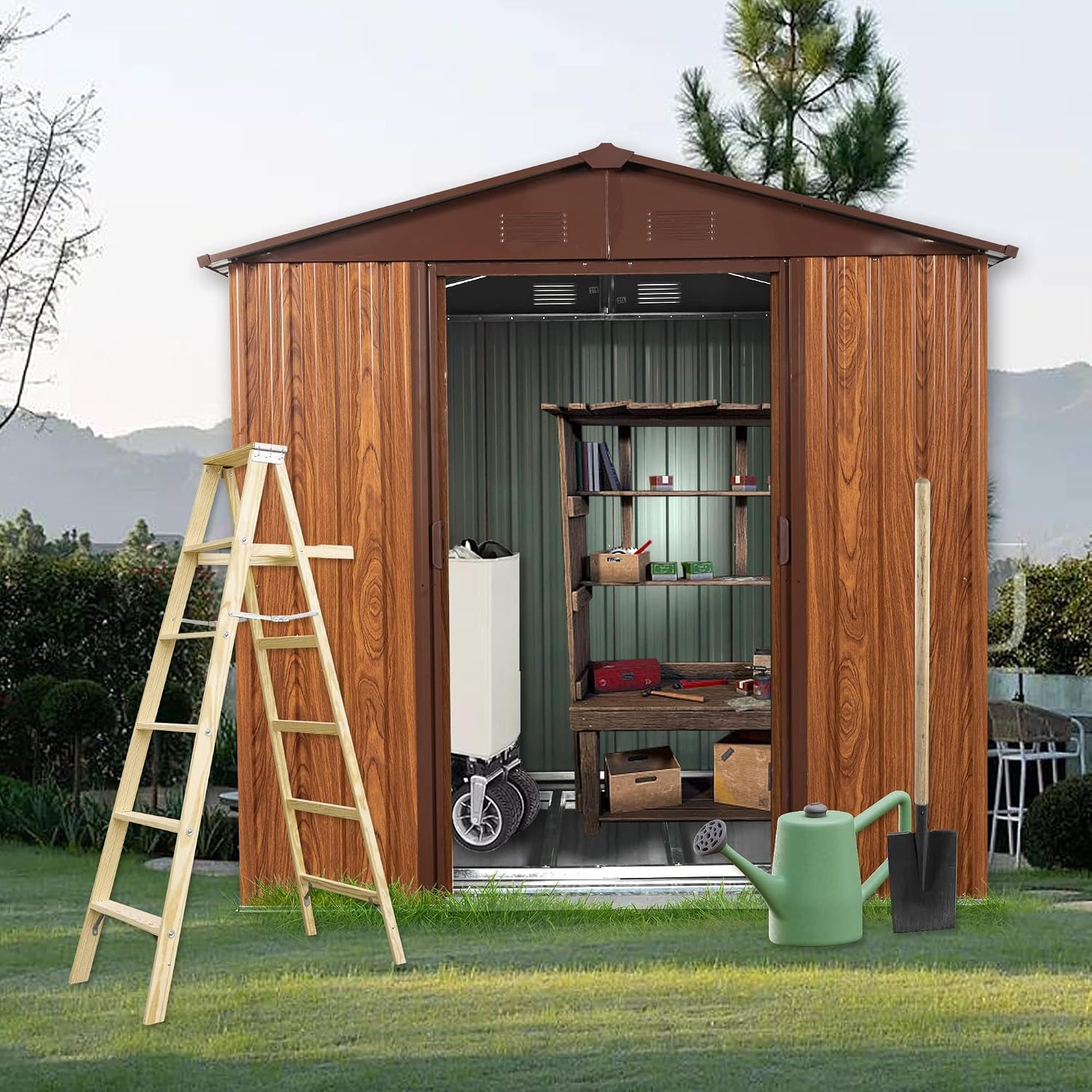 Garden Tools - 6x6FT metalen buitenshuisberging met vloerframe, afsluitbare